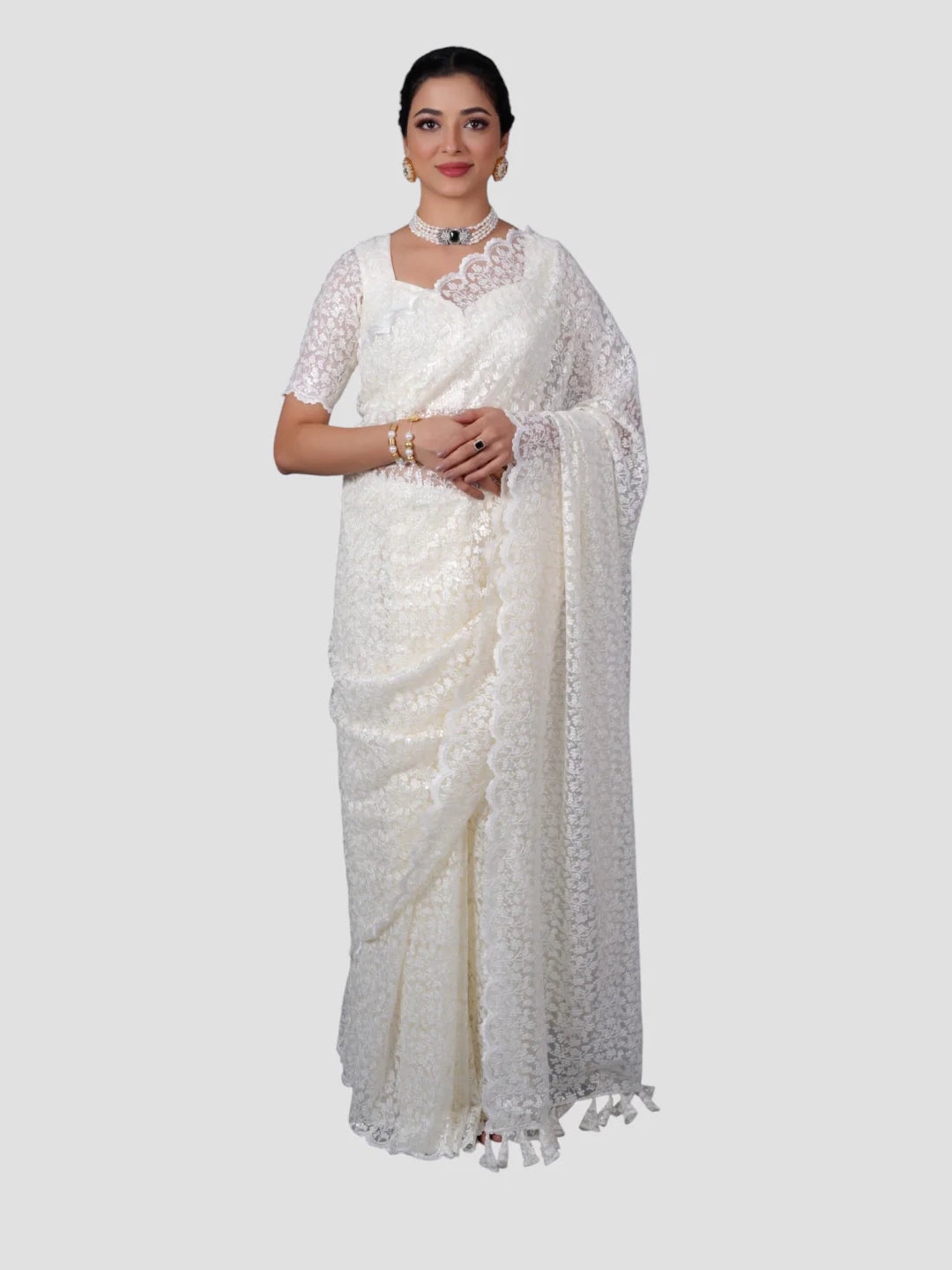 White Floral Net Saree With Readymade Blouse