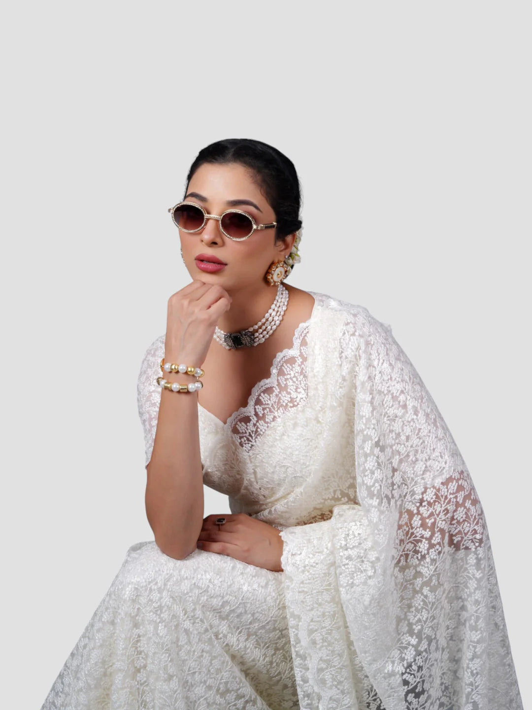 White Floral Net Saree With Readymade Blouse