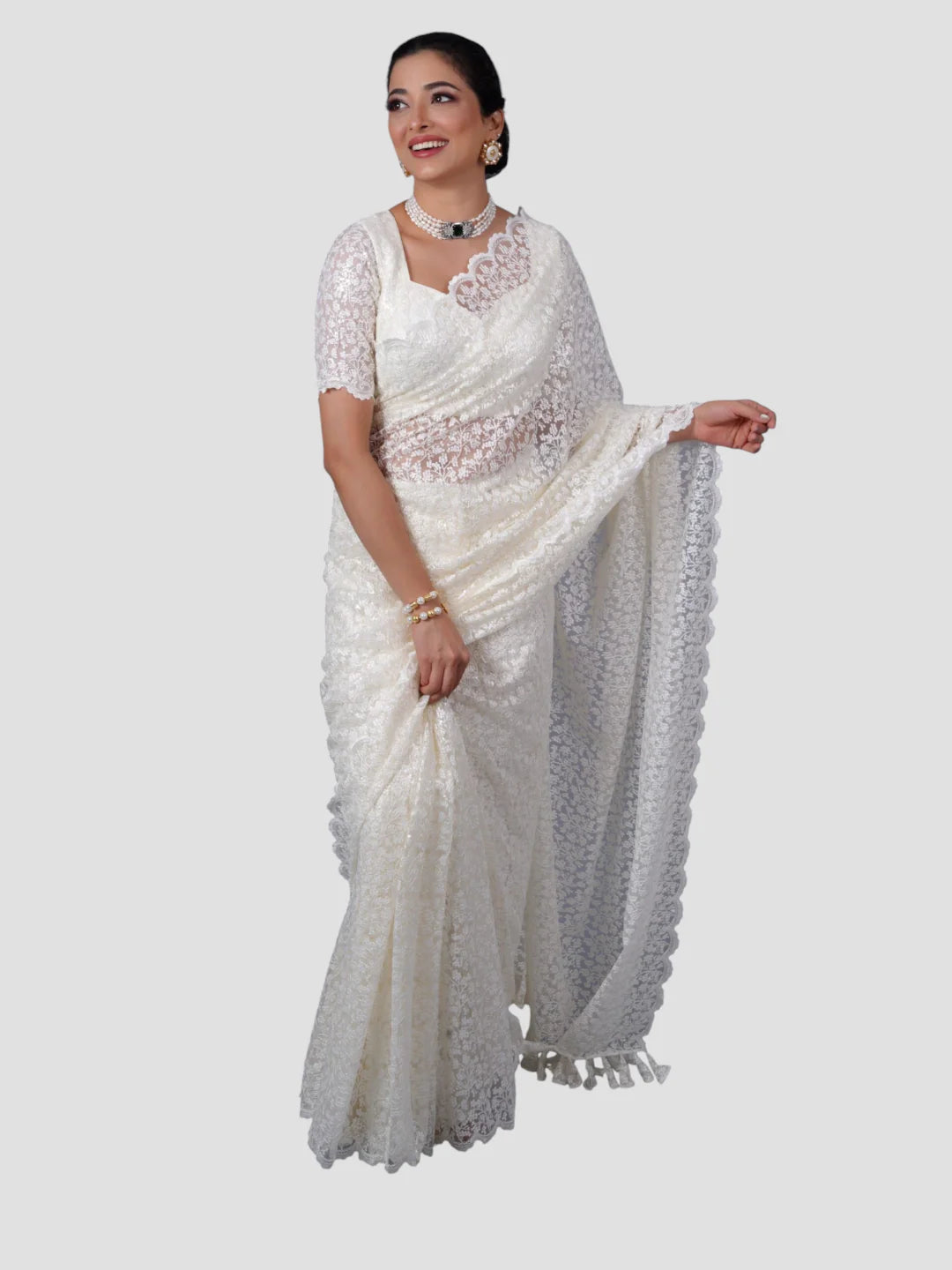 White Floral Net Saree With Readymade Blouse