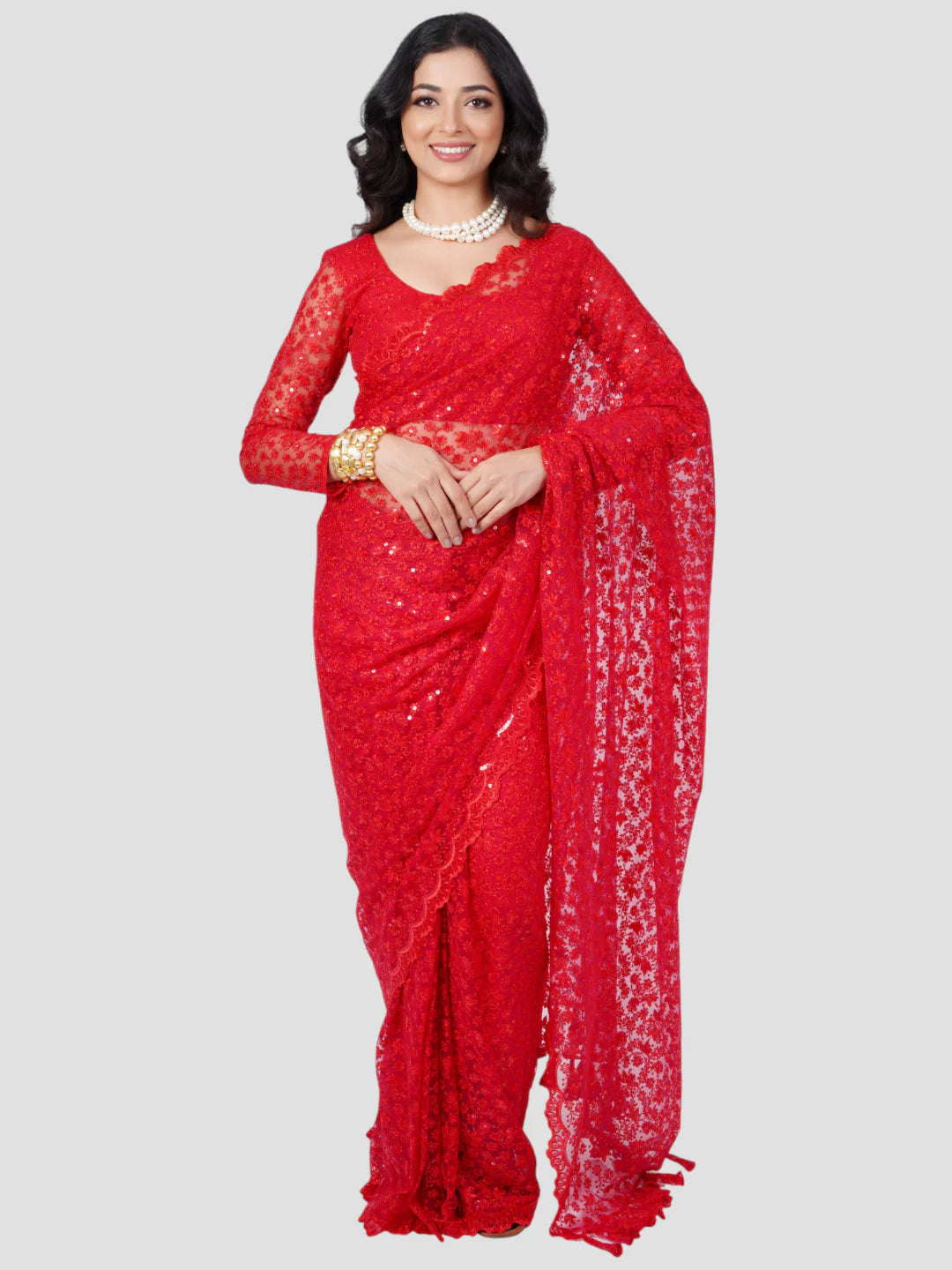 Red Floral Net Saree With Readymade Blouse