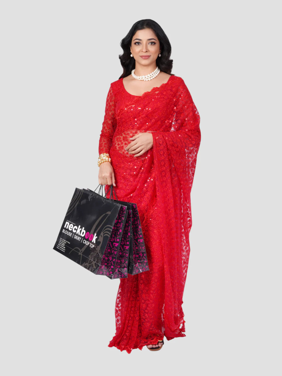 Red Floral Net Saree With Readymade Blouse