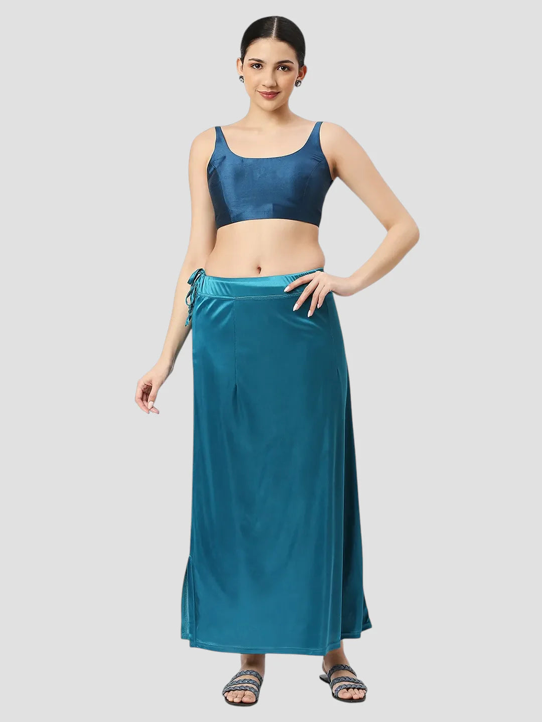 Peacock Blue Satin Zip and Drawstring Petticoat