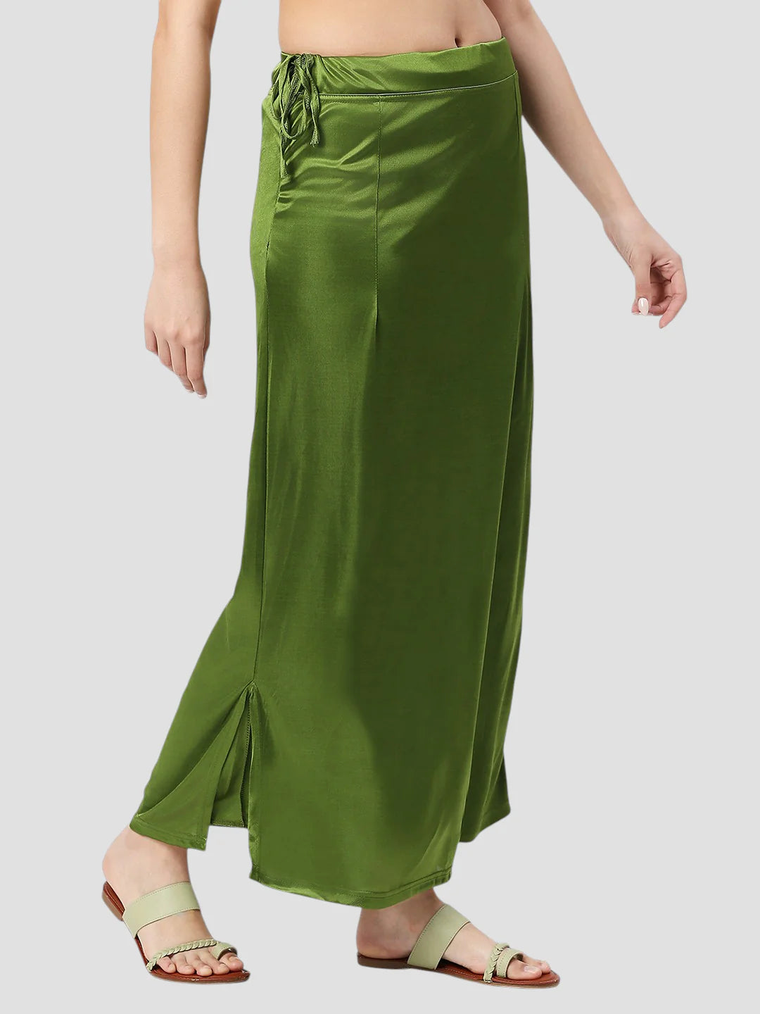 Light Mehndi Green Satin Zip and Drawstring Petticoat