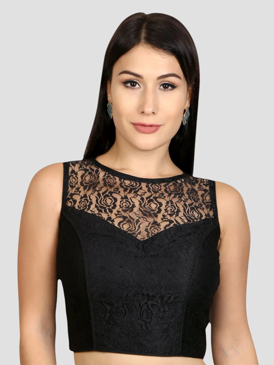 Chic Elegance Black Net Floral Sleeveless Saree Blouse With Round Neckline