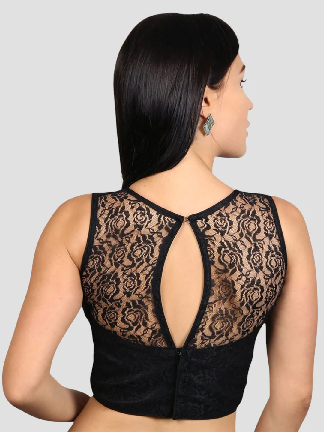 Chic Elegance Black Net Floral Sleeveless Saree Blouse With Round Neckline