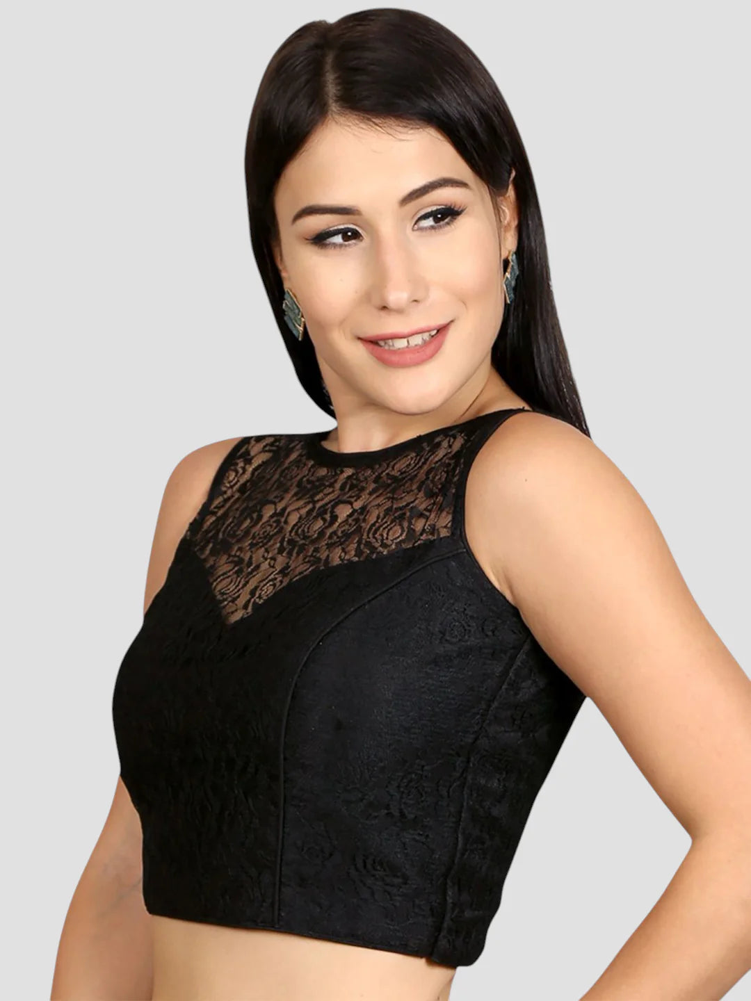 Chic Elegance Black Net Floral Sleeveless Saree Blouse With Round Neckline