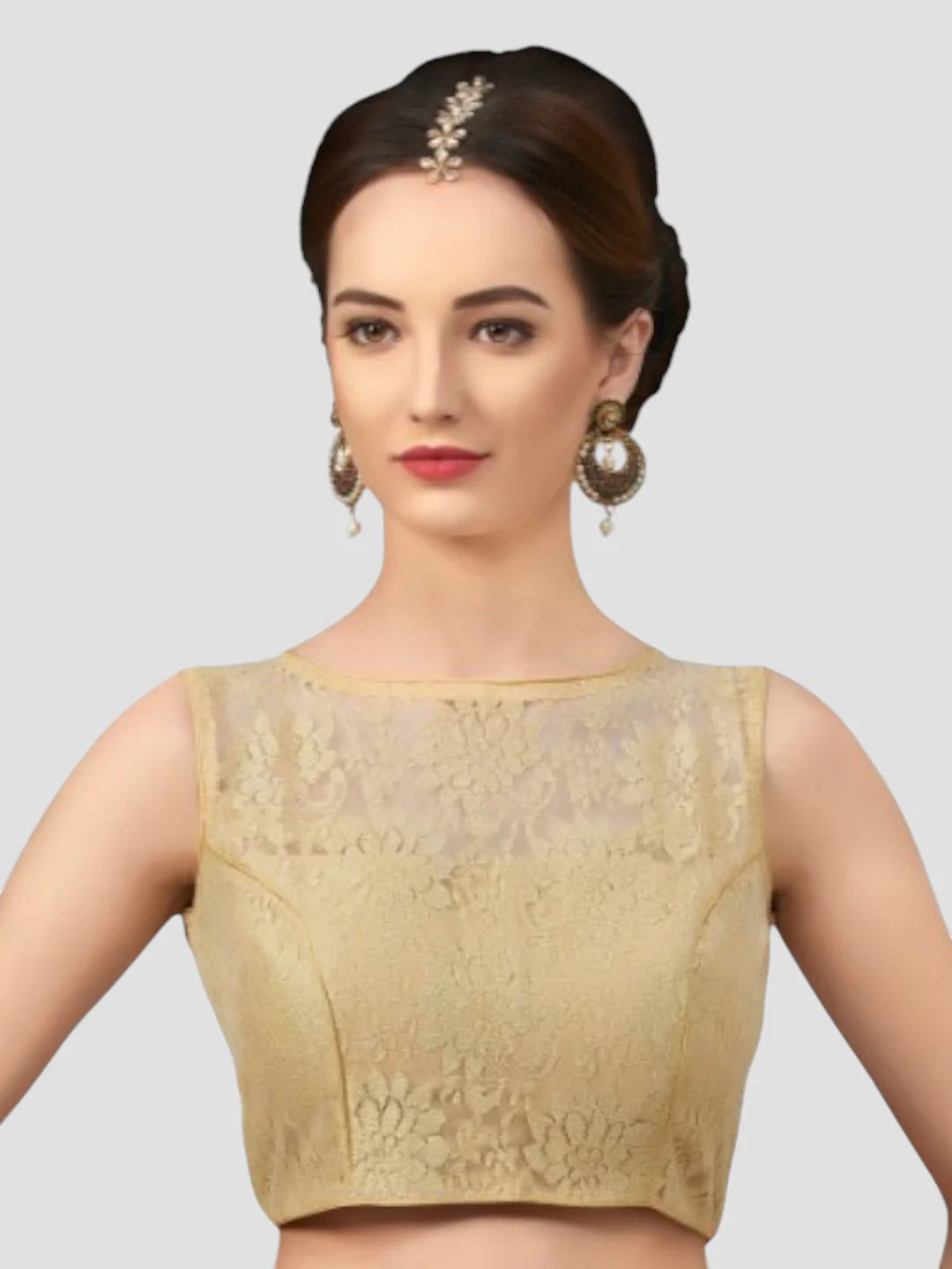 Glamorous Grace Gold Net Floral Sleeveless Saree Blouse With Round Neckline