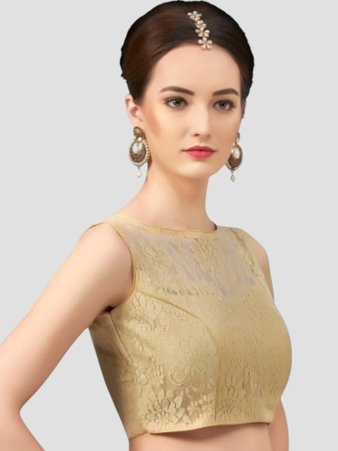 Glamorous Grace Gold Net Floral Sleeveless Saree Blouse With Round Neckline