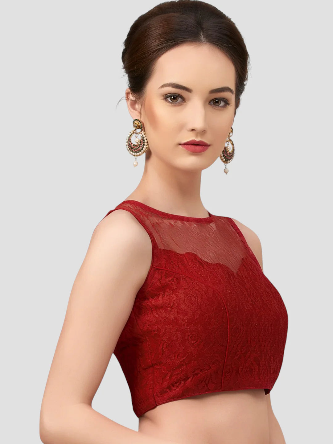 Radiant Opulence Maroon Net Floral Sleeveless Saree Blouse With Round Neckline