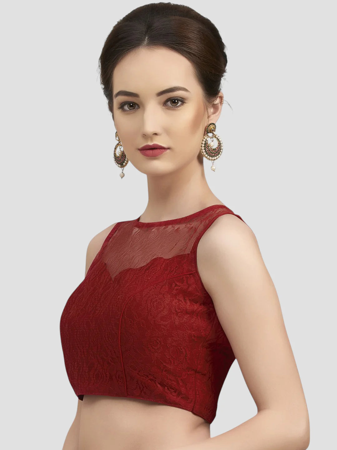 Radiant Opulence Maroon Net Floral Sleeveless Saree Blouse With Round Neckline