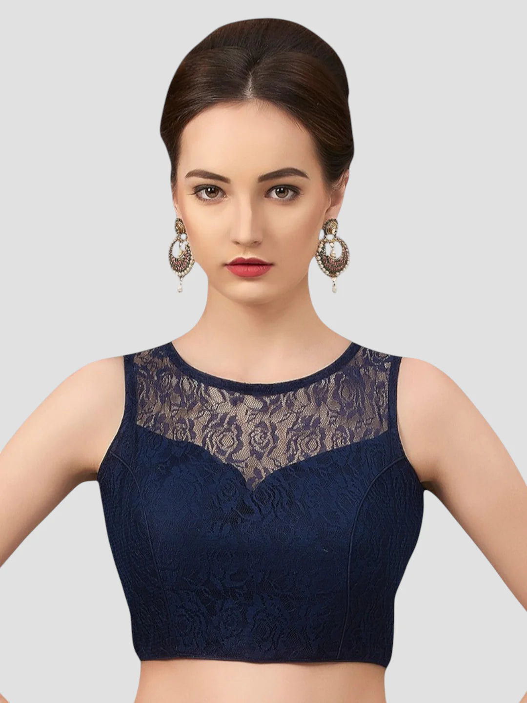 Navy Elegance Sleeveless Floral Net Saree Blouse With Round Neckline