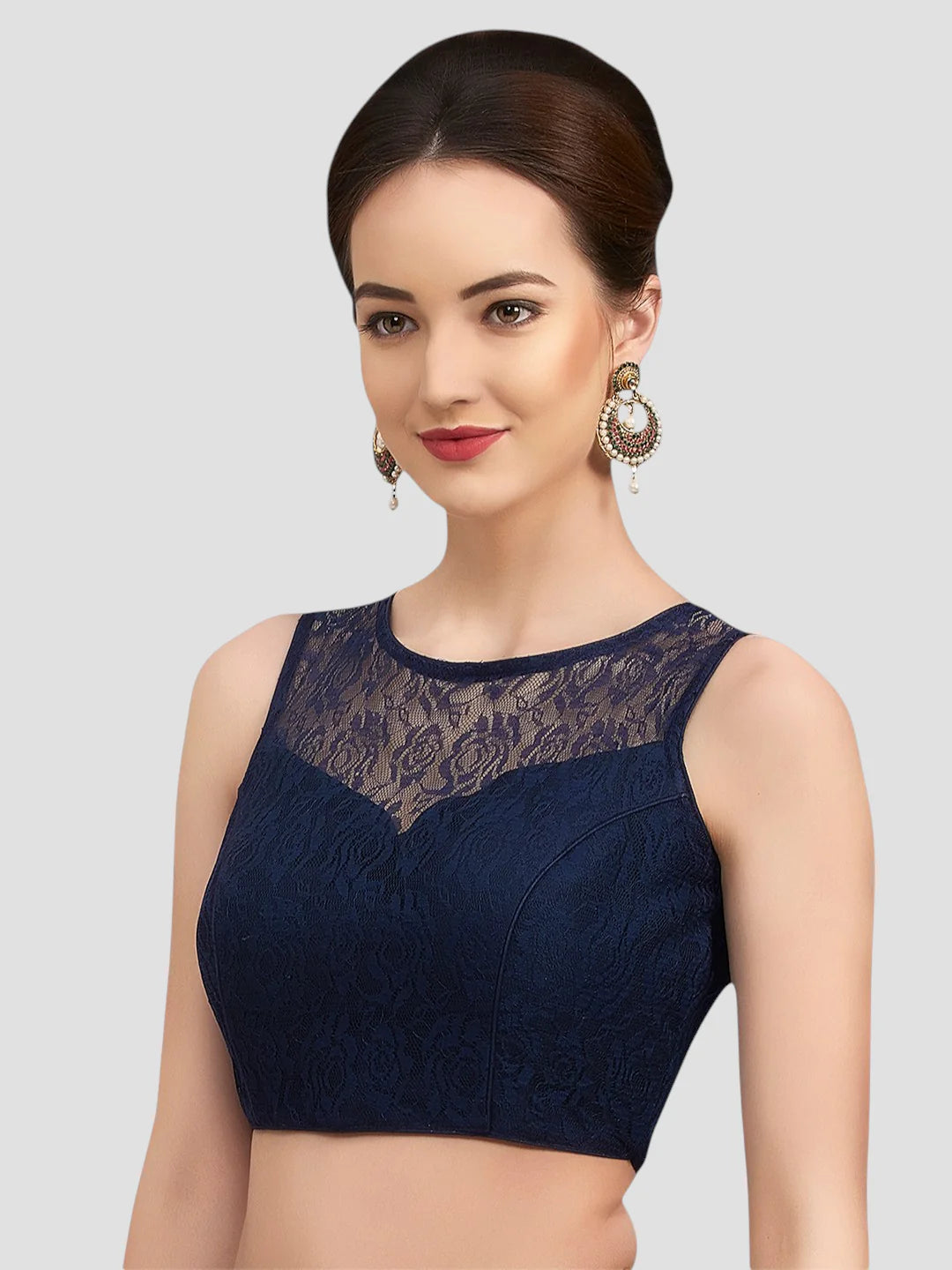 Navy Elegance Sleeveless Floral Net Saree Blouse With Round Neckline