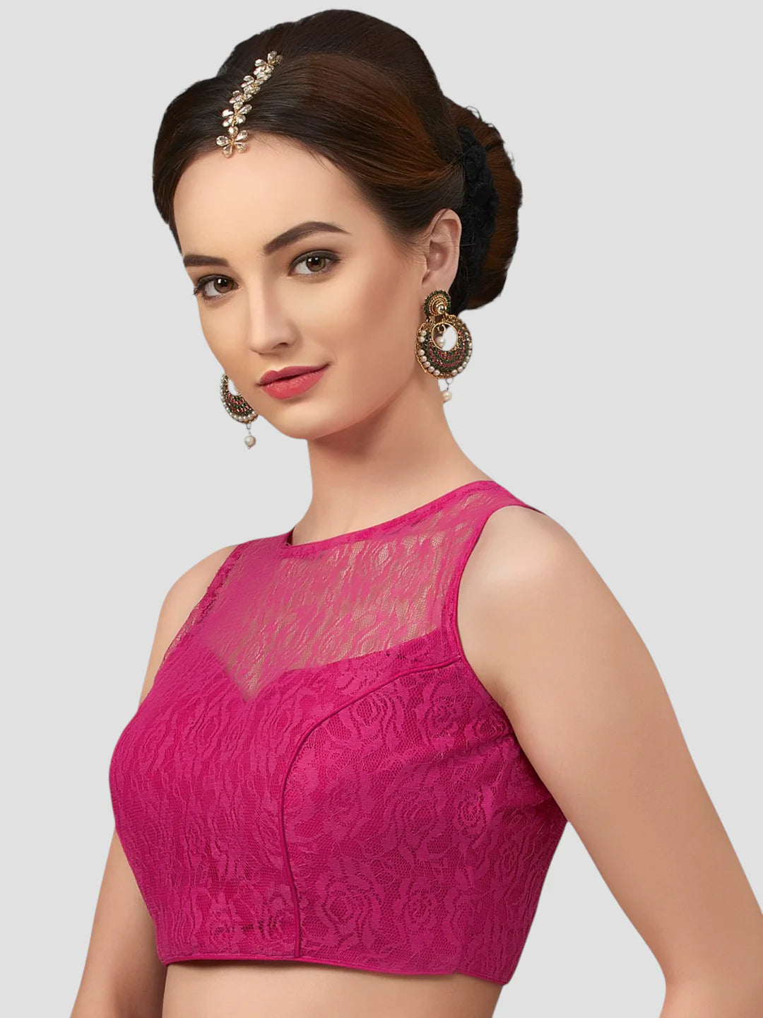Rani Pink Radiance Sleeveless Floral Net Saree Blouse With Round Neckline