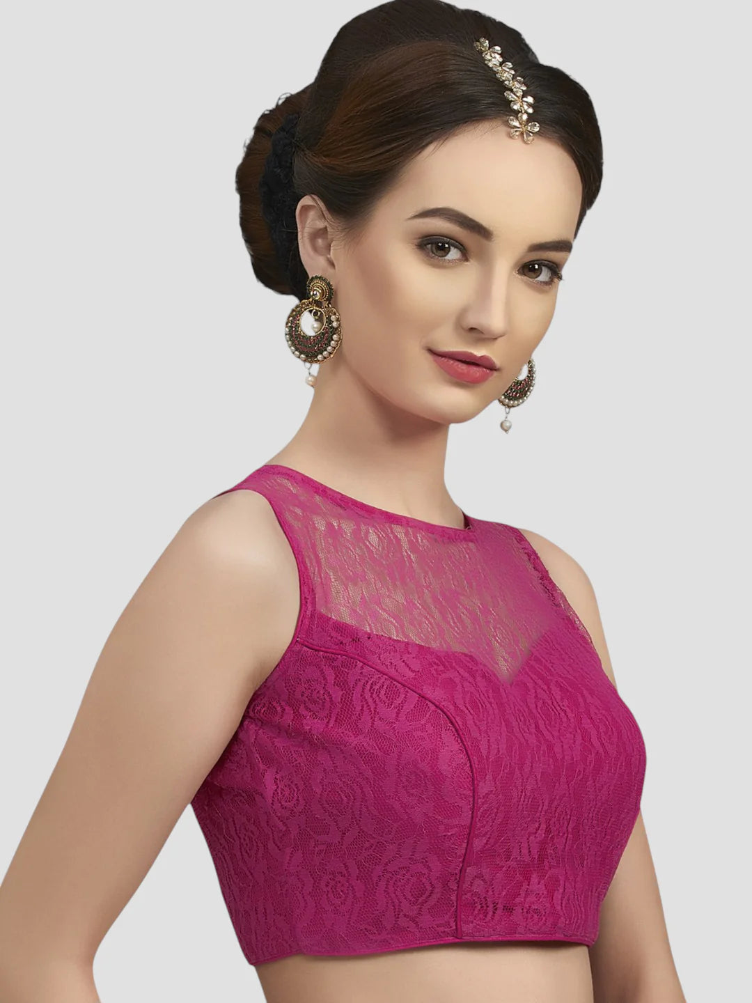 Rani Pink Radiance Sleeveless Floral Net Saree Blouse With Round Neckline