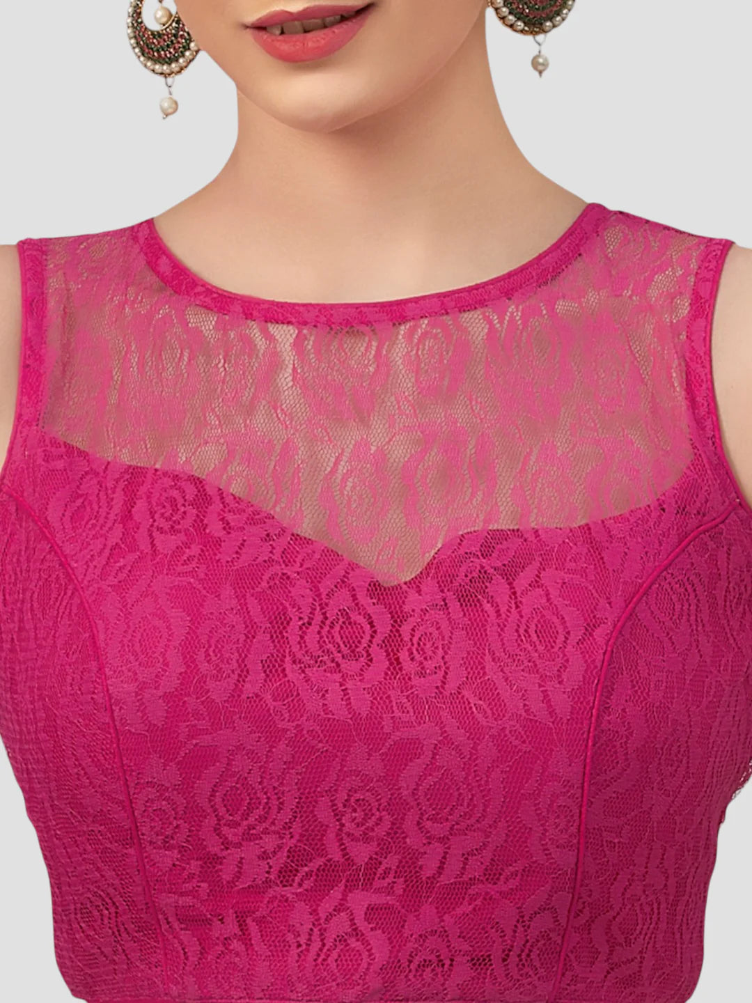 Rani Pink Radiance Sleeveless Floral Net Saree Blouse With Round Neckline