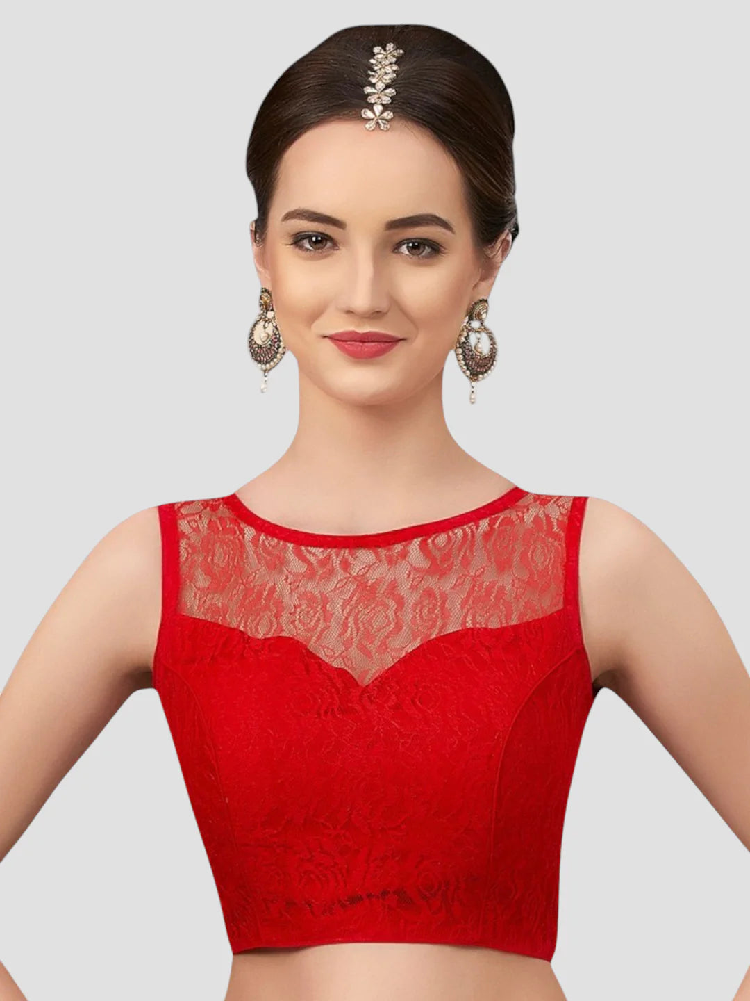 Crimson Blooms Red Sleeveless Net Saree Blouse With Round Neckline