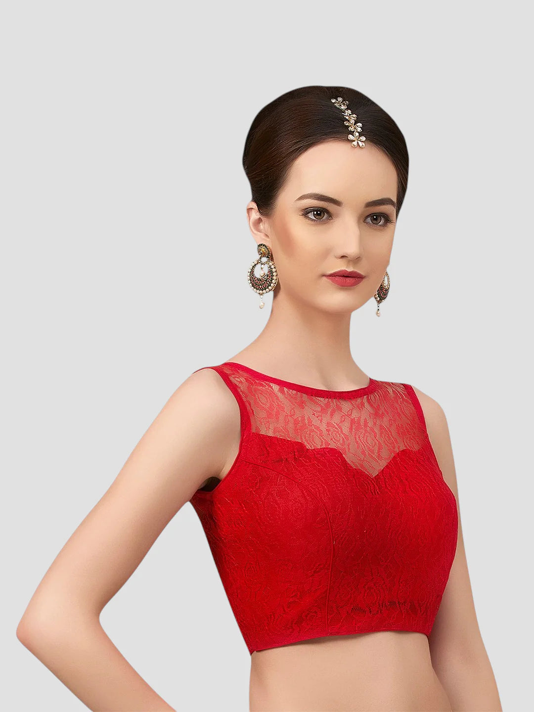 Crimson Blooms Red Sleeveless Net Saree Blouse With Round Neckline