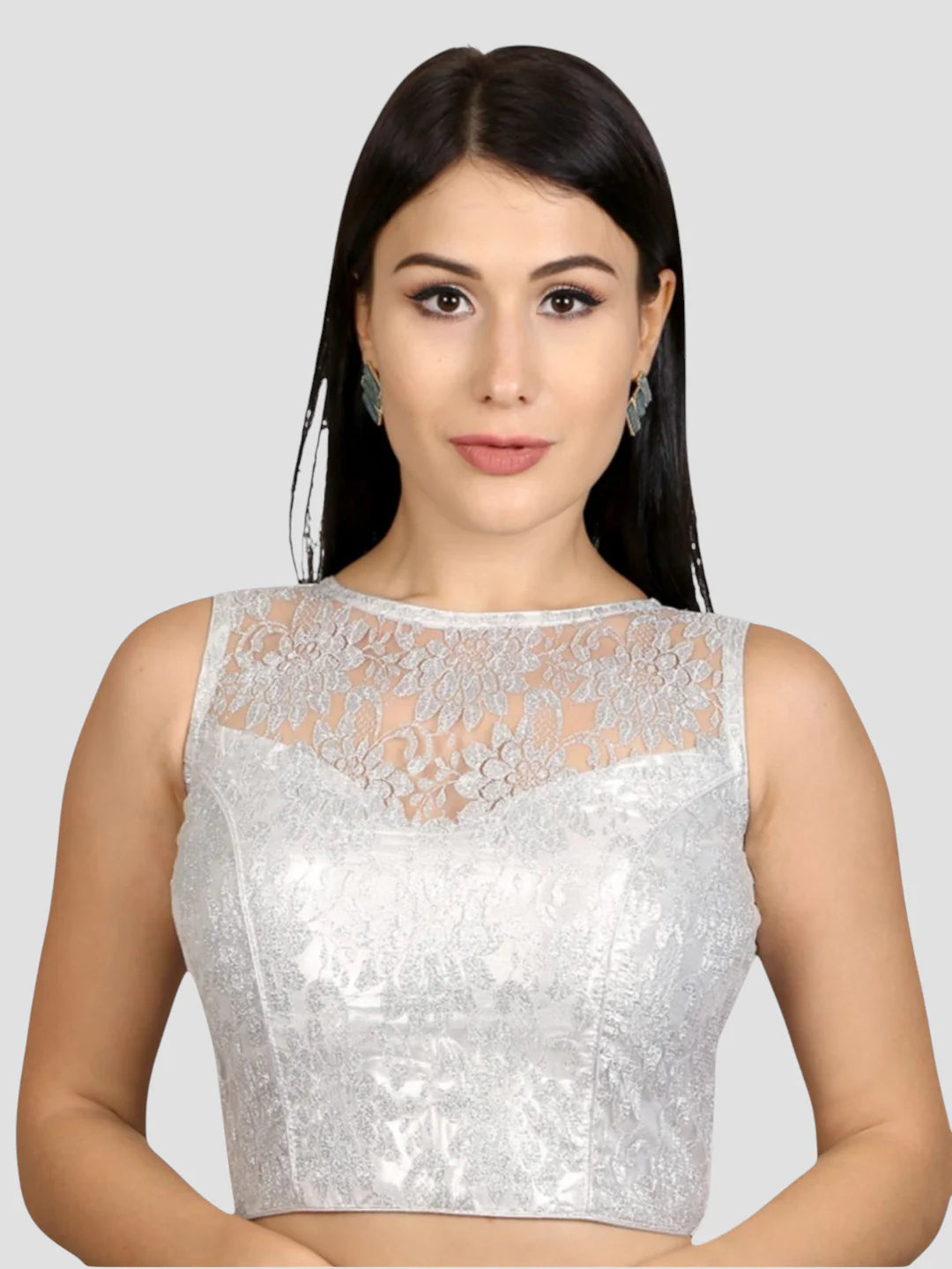Silver Sleeveless Floral Net Saree Blouse With Round Neckline