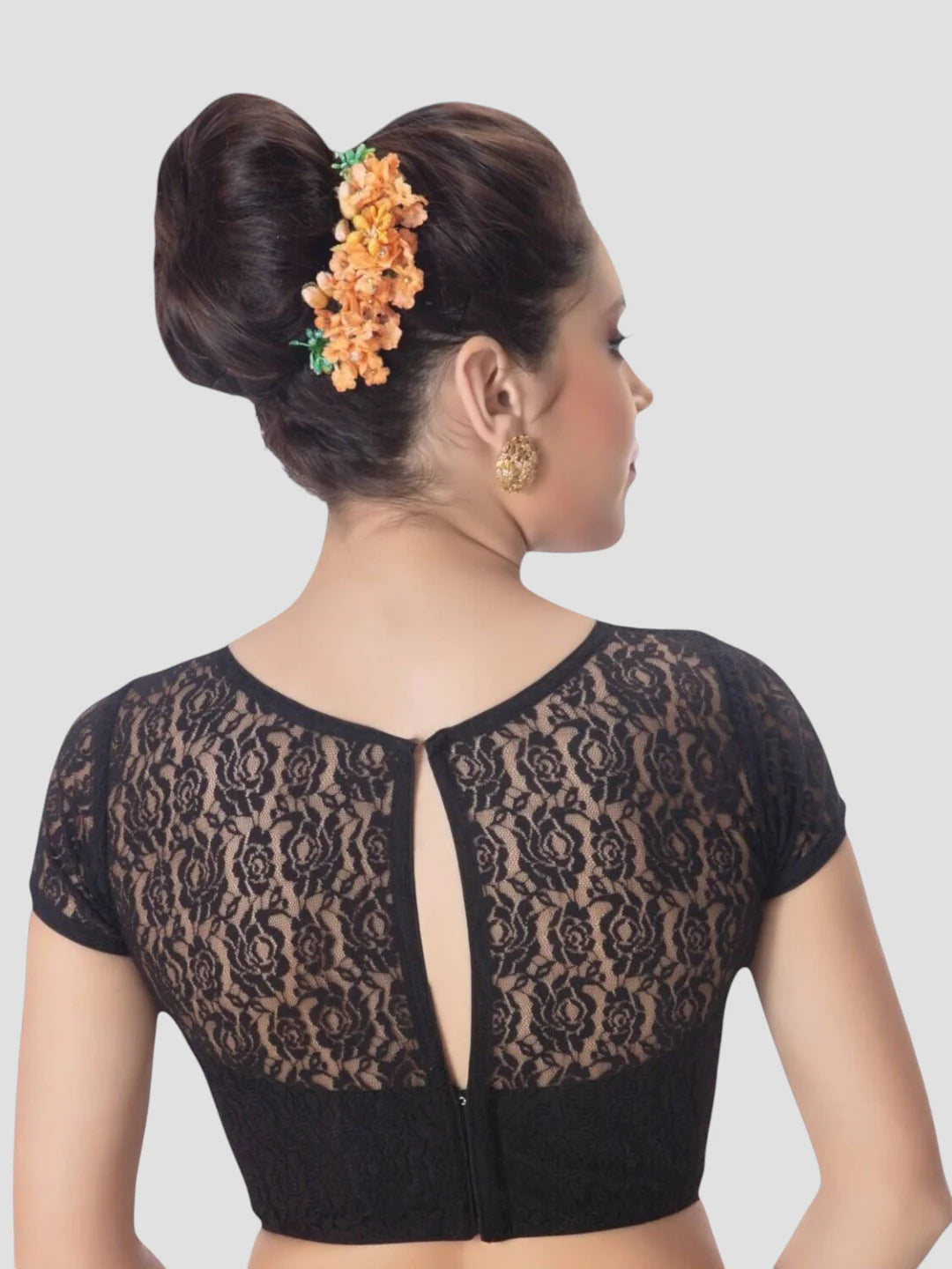 Black Net High Neck Short Sleeves Readymade Blouse With Round Neckline