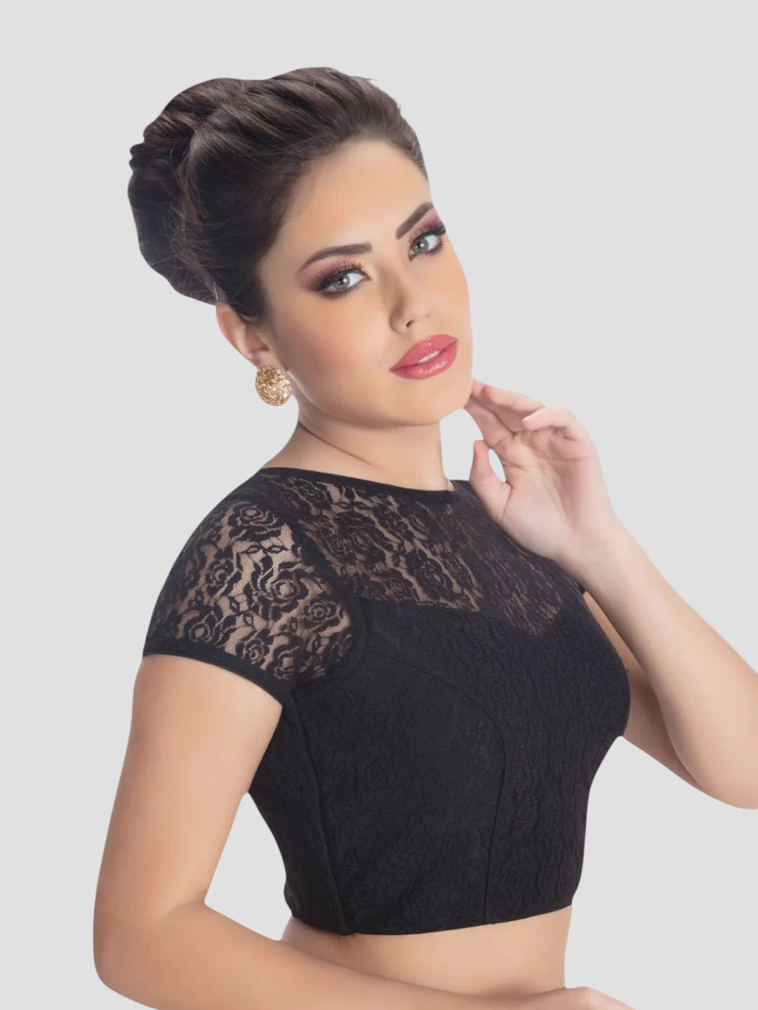 Black Net High Neck Short Sleeves Readymade Blouse With Round Neckline