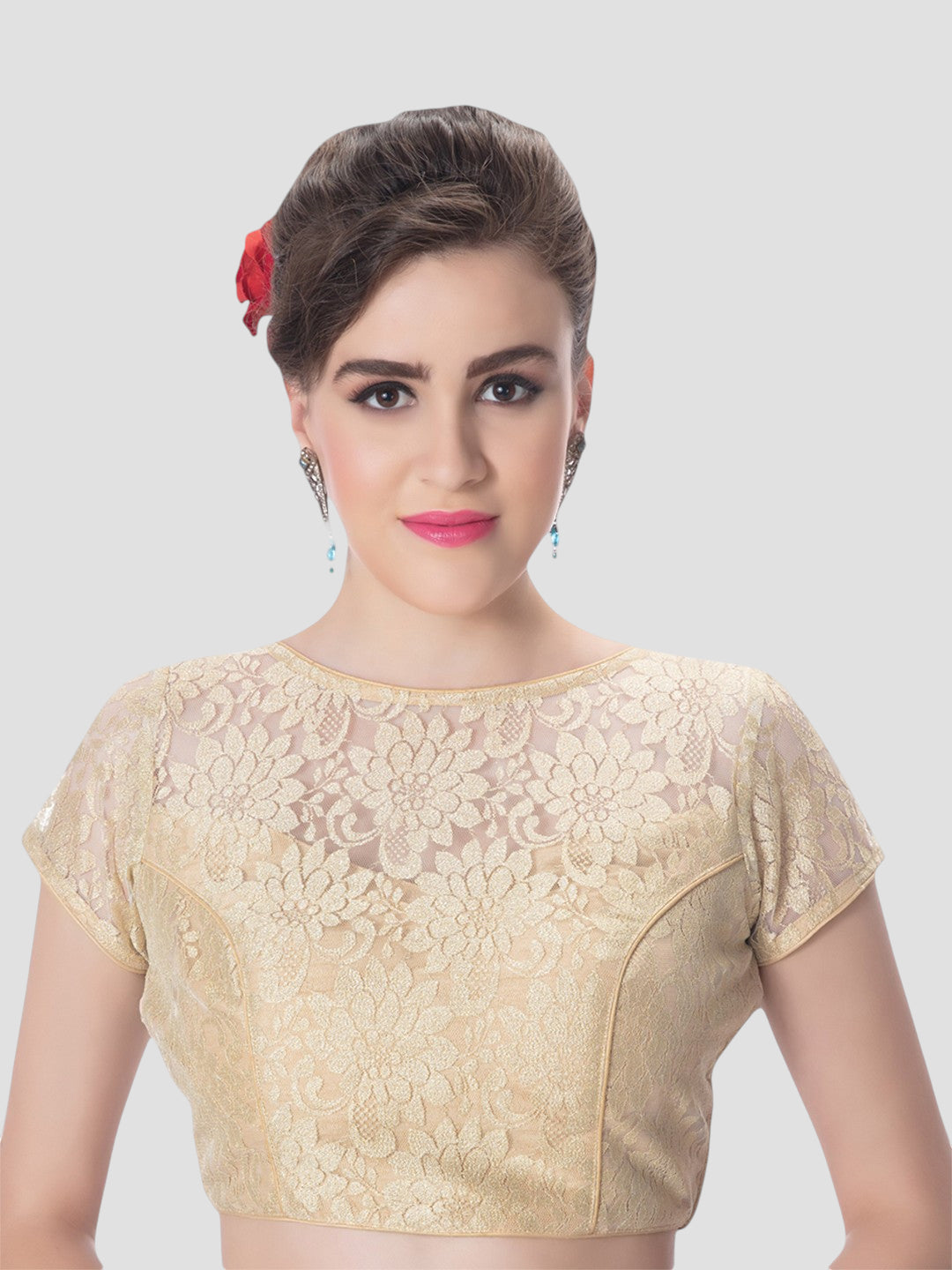 Gold Net High Neck Short Sleeves Readymade Blouse