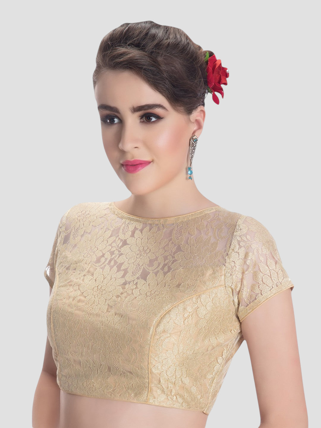 Gold Net High Neck Short Sleeves Readymade Blouse