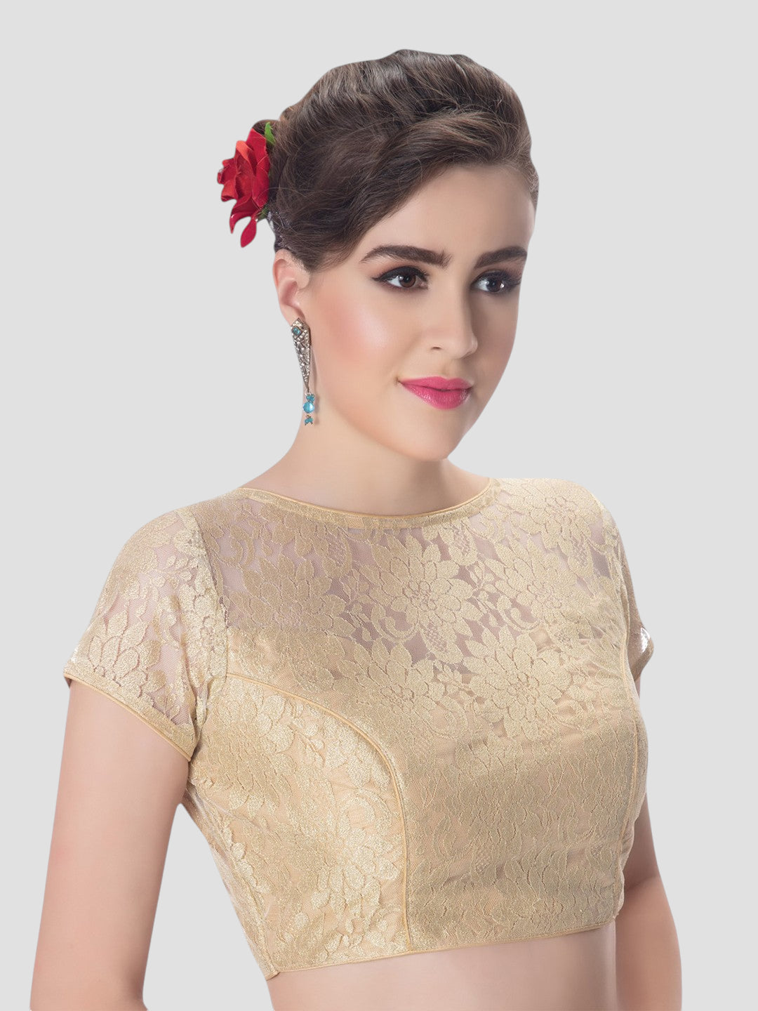 Gold Net High Neck Short Sleeves Readymade Blouse