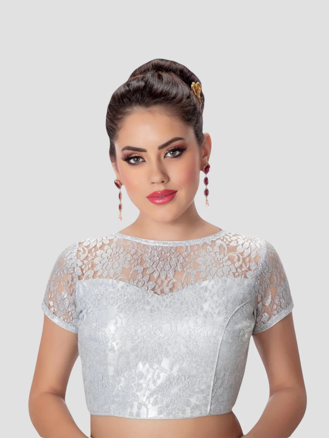 Silver Net High Neck Short Sleeves Readymade Blouse With Round Neckline