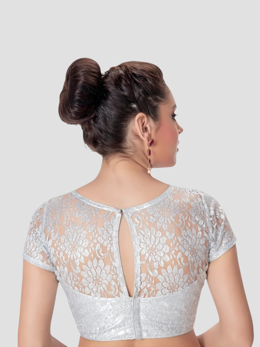 Silver Net High Neck Short Sleeves Readymade Blouse With Round Neckline