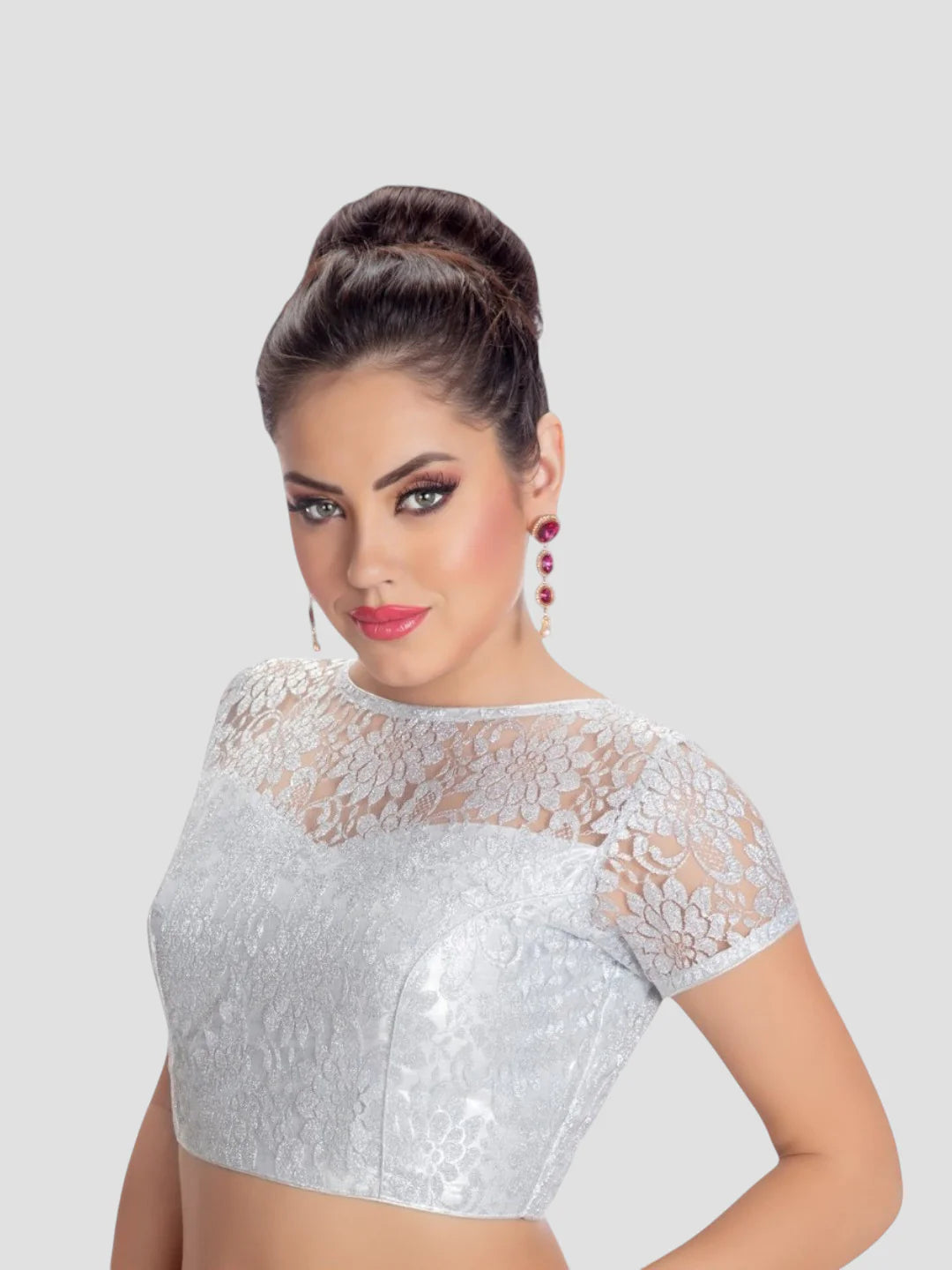 Silver Net High Neck Short Sleeves Readymade Blouse With Round Neckline