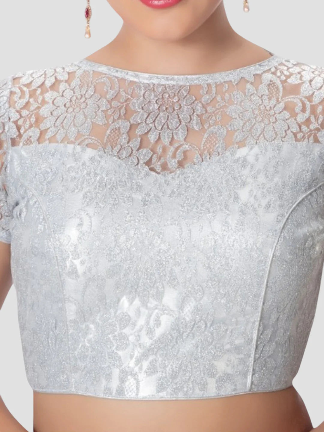Silver Net High Neck Short Sleeves Readymade Blouse With Round Neckline