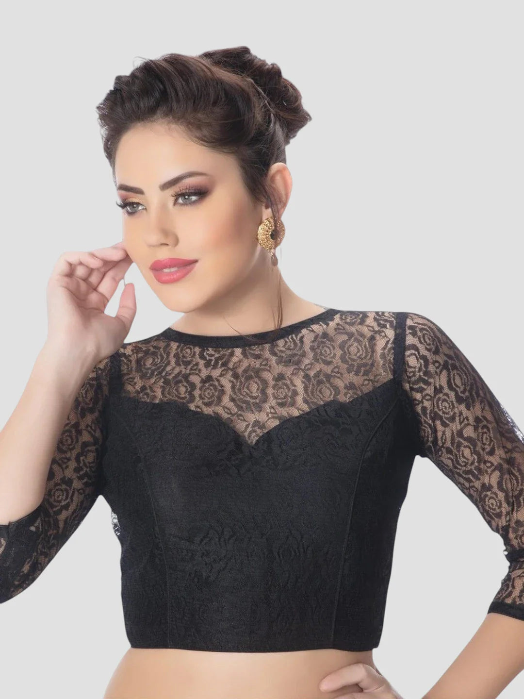 Black Net High Neck 3/4 Sleeves Readymade Blouse