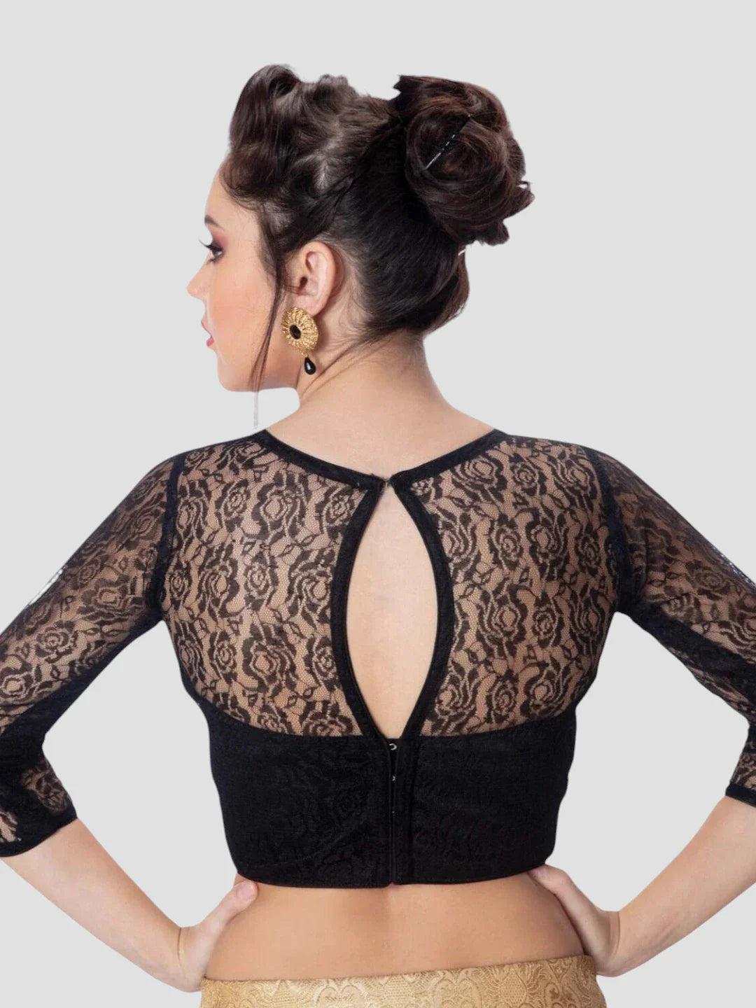 Black Net High Neck 3/4 Sleeves Readymade Blouse