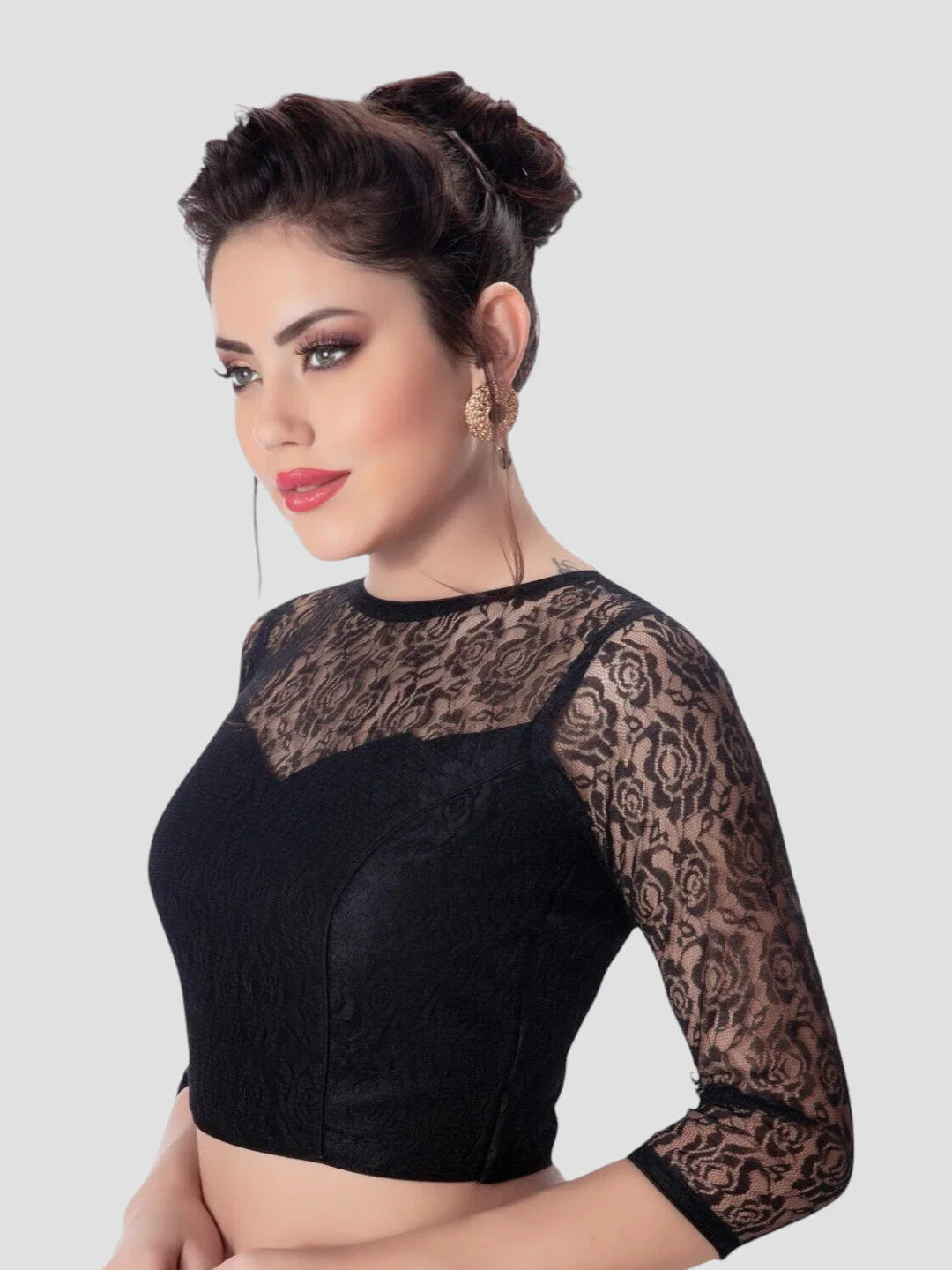 Black Net High Neck 3/4 Sleeves Readymade Blouse