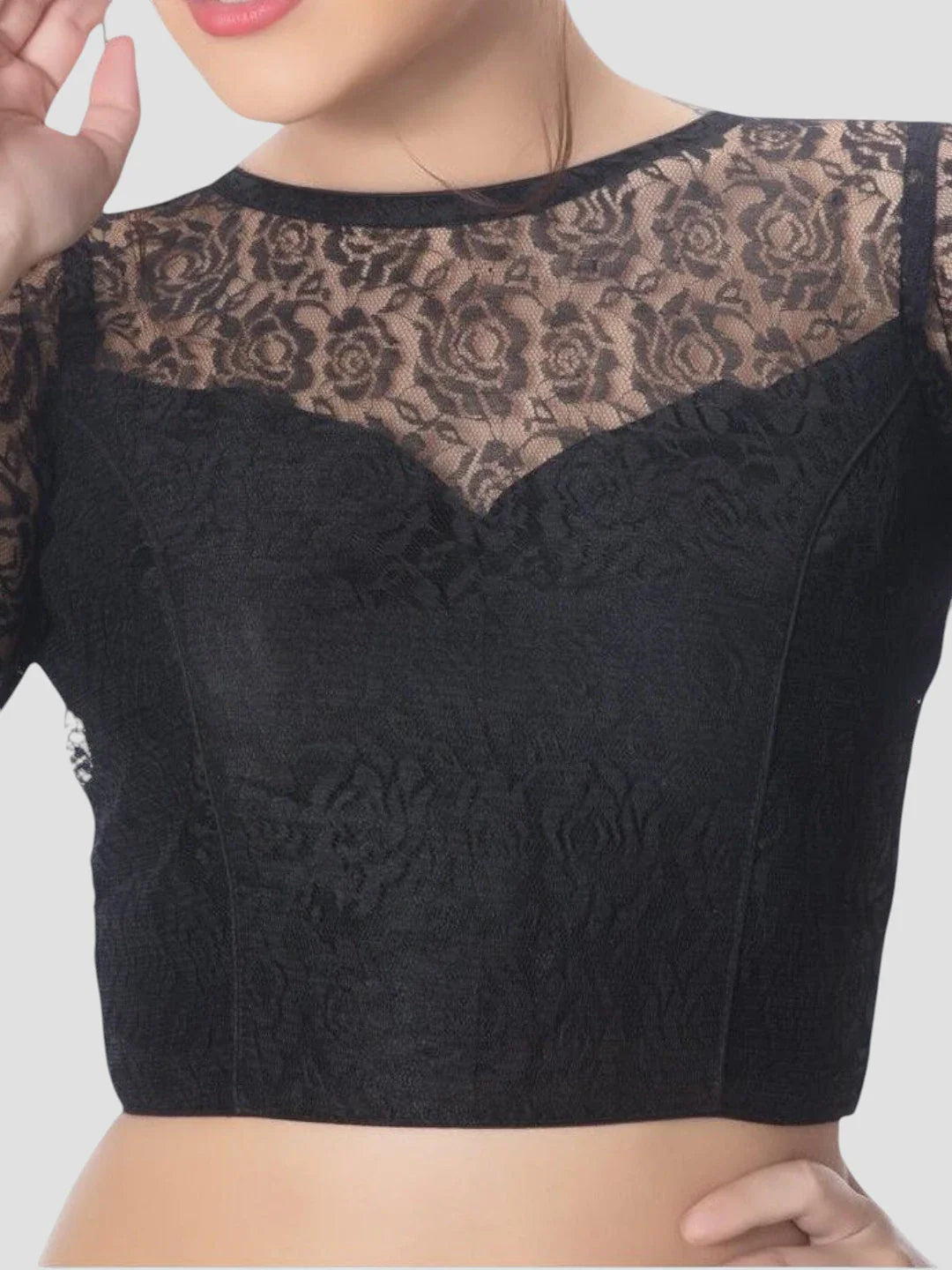 Black Net High Neck 3/4 Sleeves Readymade Blouse