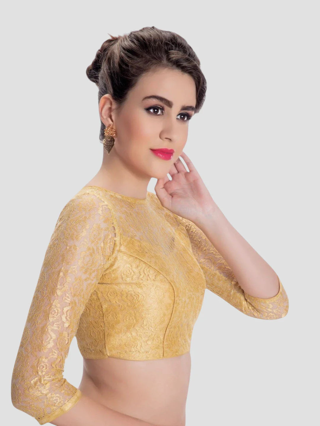 Gold Net High Neck 3/4 Sleeves Readymade Blouse