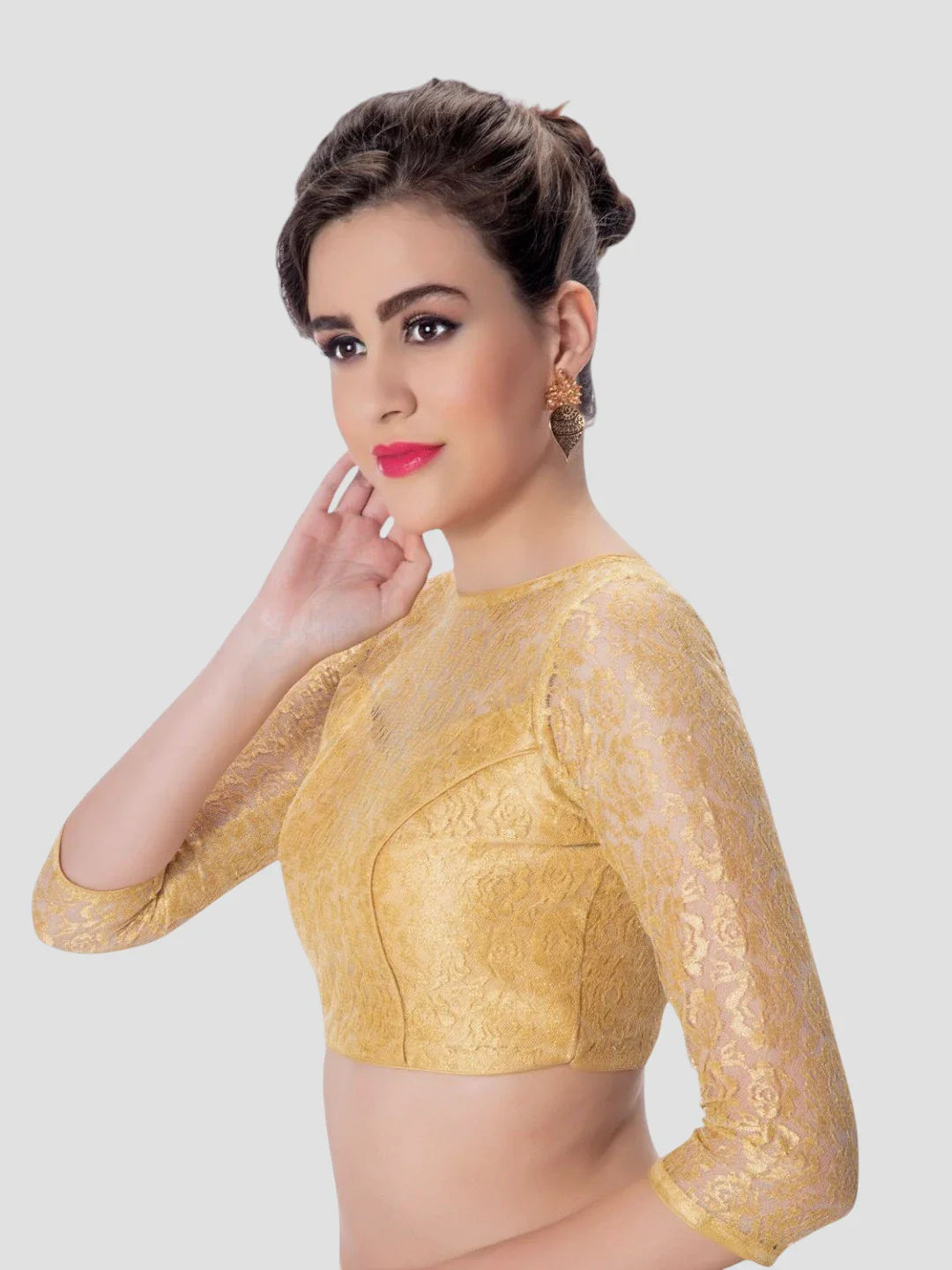 Gold Net High Neck 3/4 Sleeves Readymade Blouse