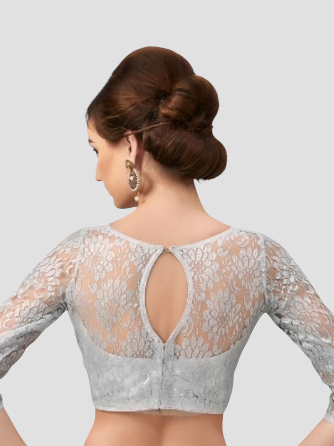 Silver Net High Neck 3/4 Sleeves Readymade Blouse