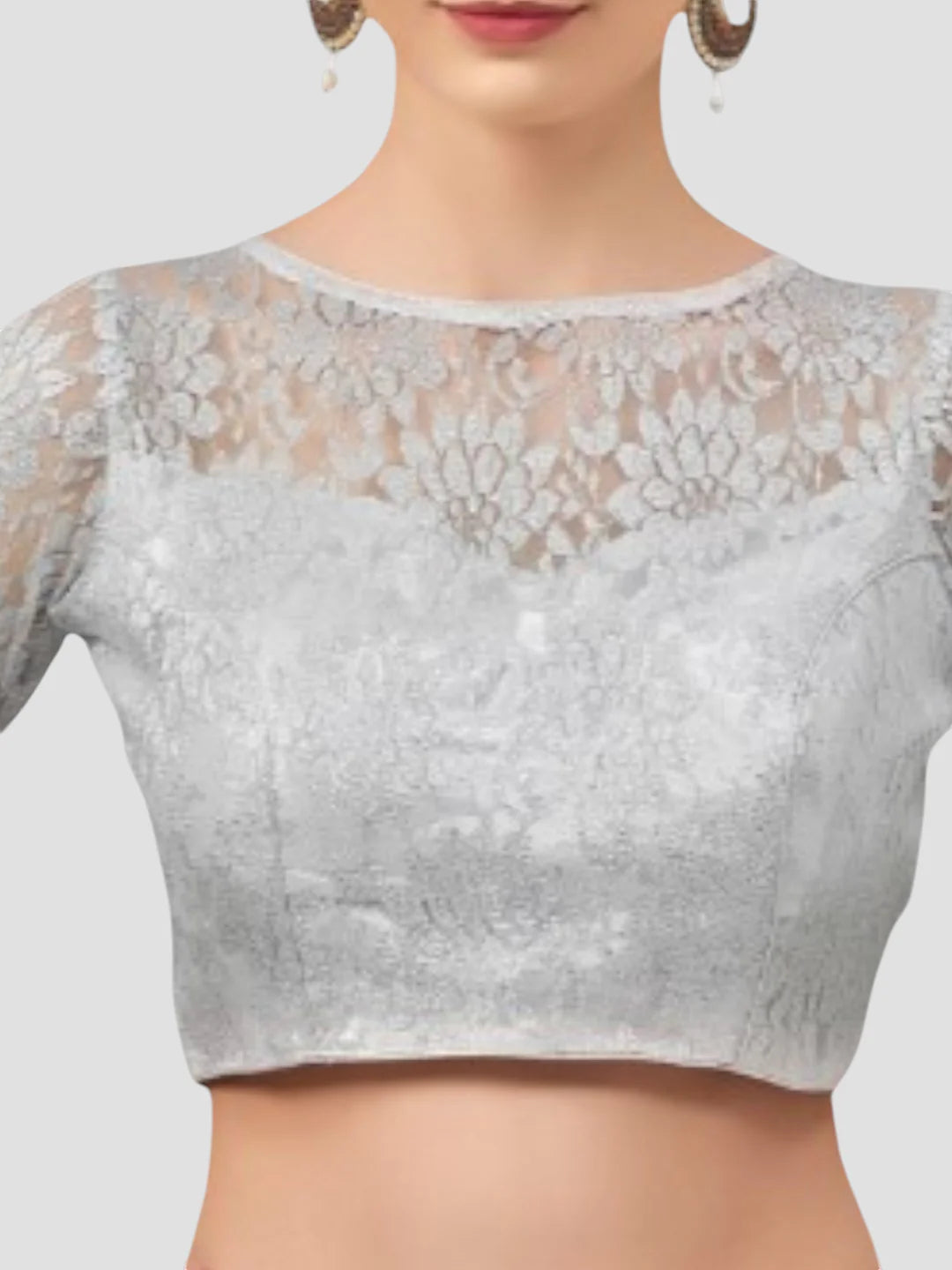 Silver Net High Neck 3/4 Sleeves Readymade Blouse