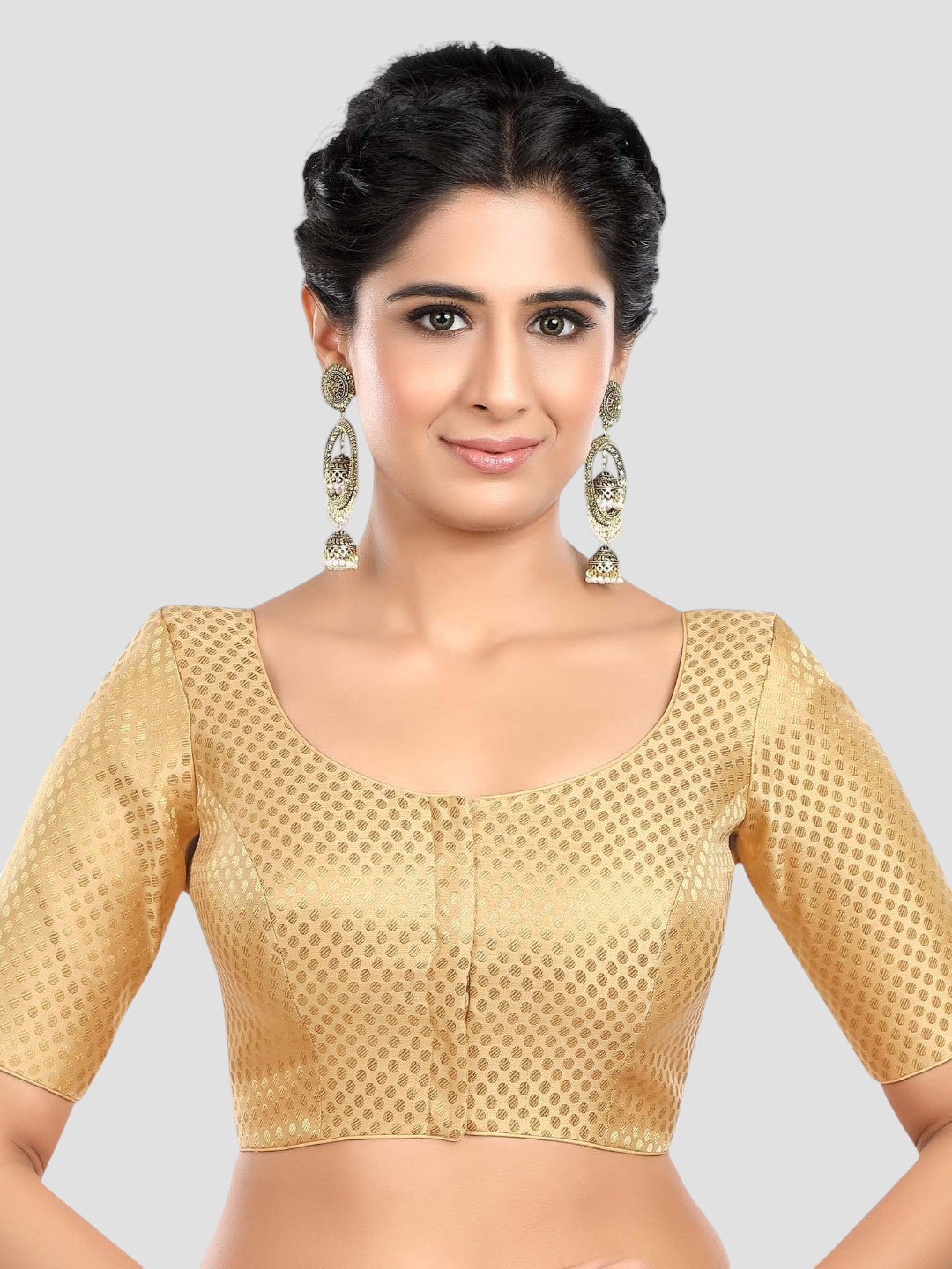 Golden Brocade Round Neck Half Sleeves Readymade Blouse