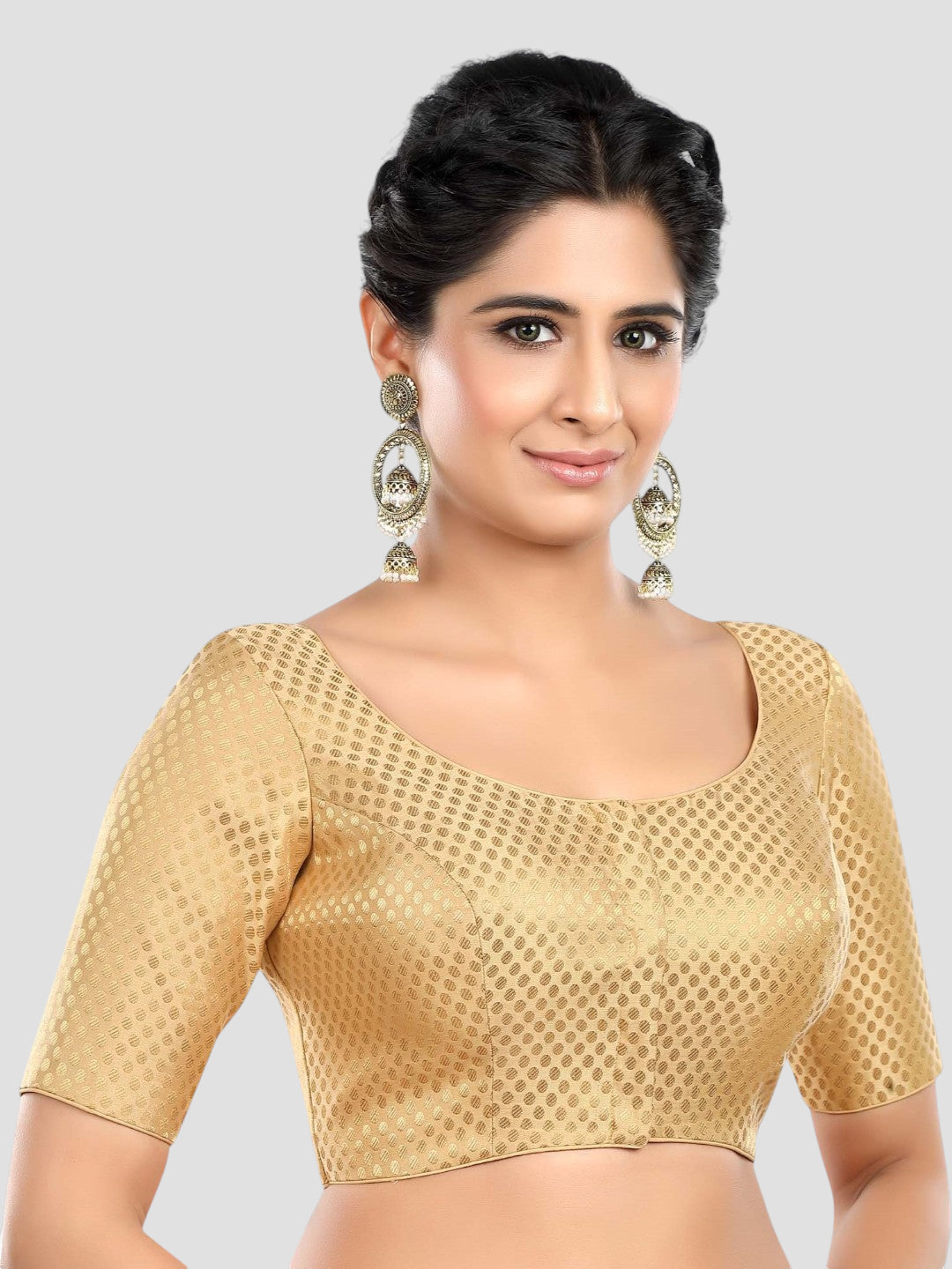 Golden Brocade Round Neck Half Sleeves Readymade Blouse