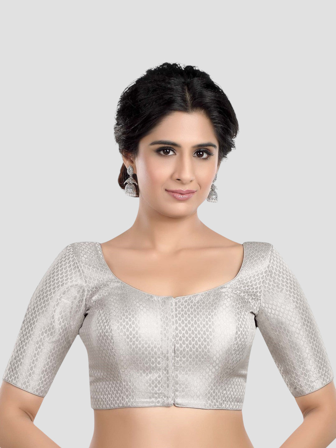 Silver Brocade Round Neck Half Sleeves Readymade Blouse