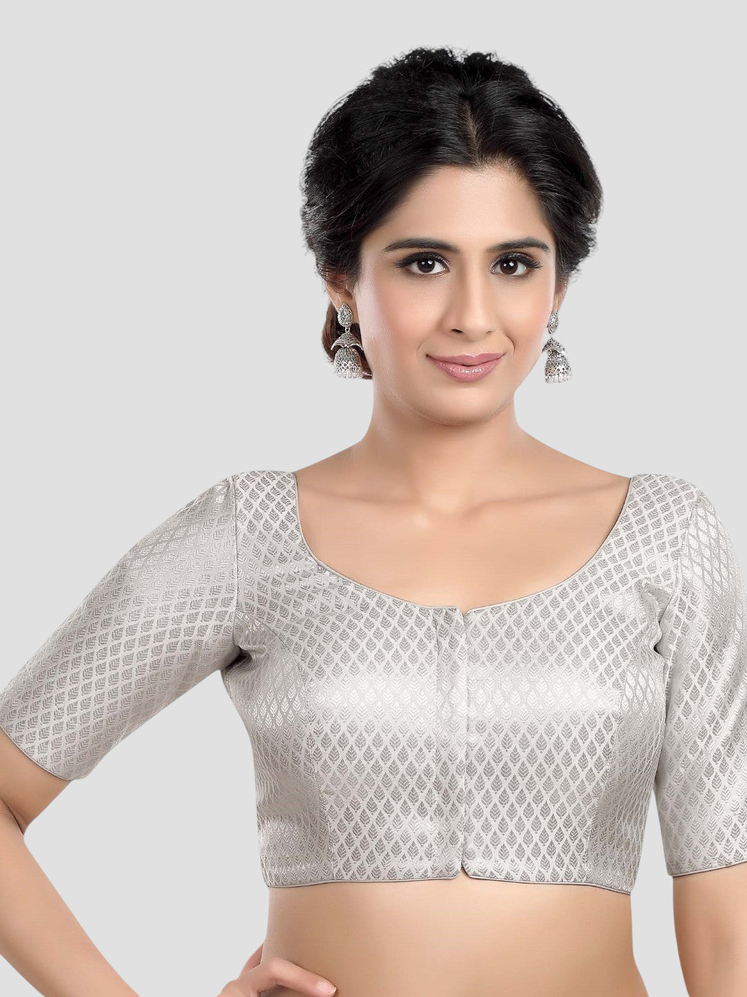 Silver Brocade Round Neck Half Sleeves Readymade Blouse