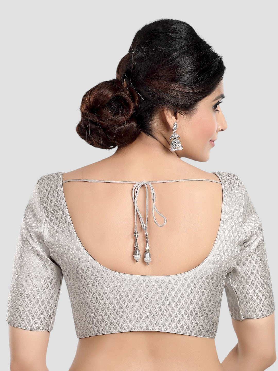 Silver Brocade Round Neck Half Sleeves Readymade Blouse