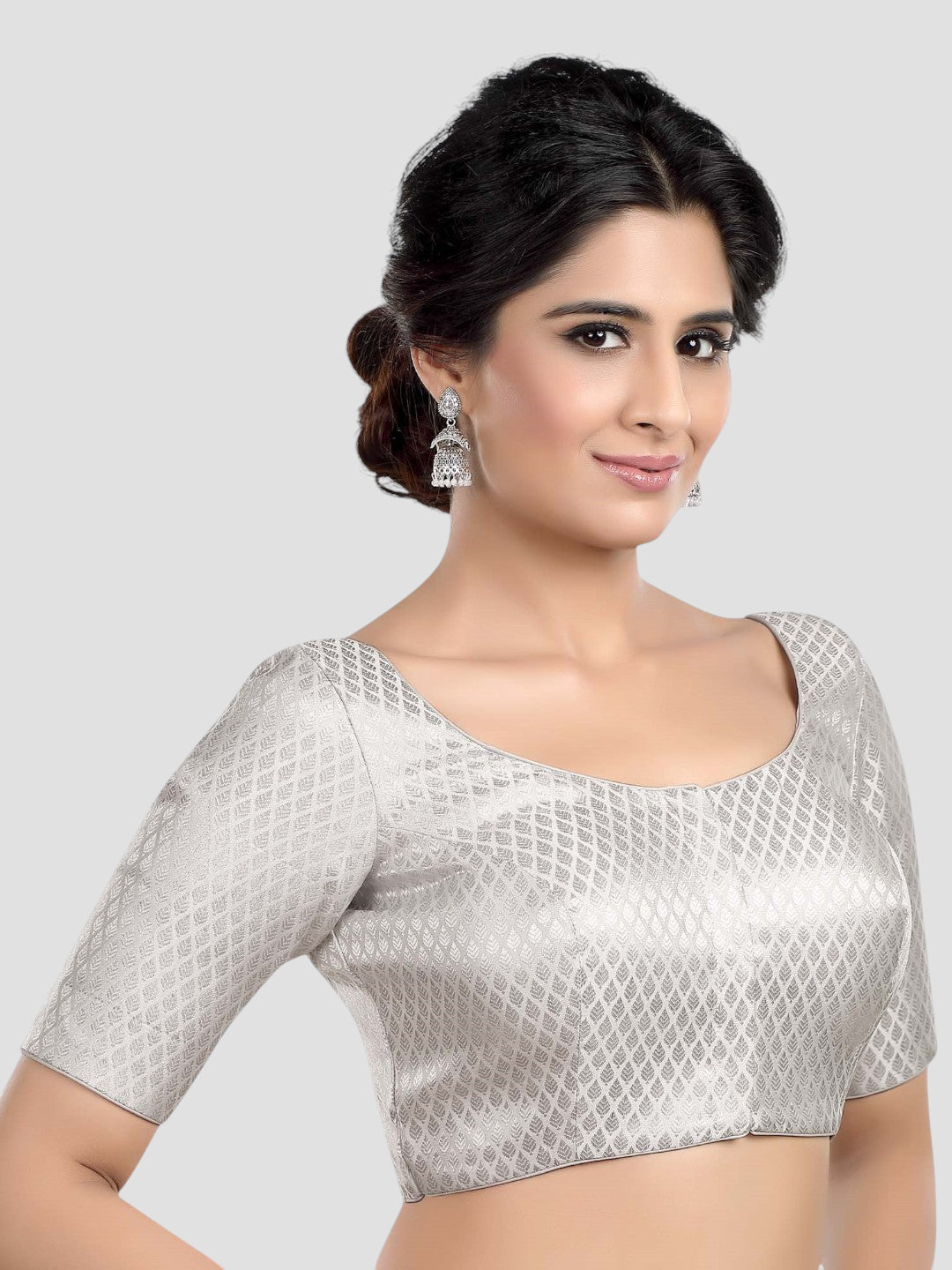 Silver Brocade Round Neck Half Sleeves Readymade Blouse