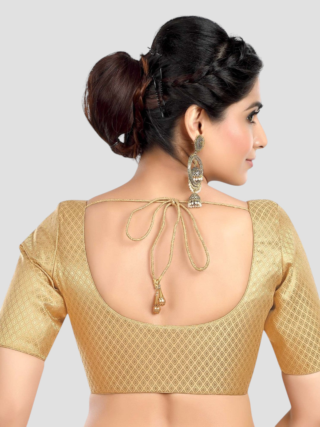 Golden Brocade Round Neck Half Sleeves Readymade Blouse
