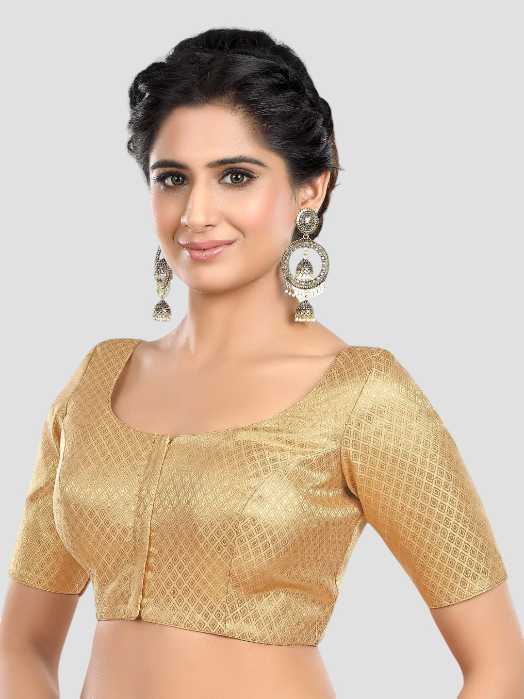 Golden Brocade Round Neck Half Sleeves Readymade Blouse