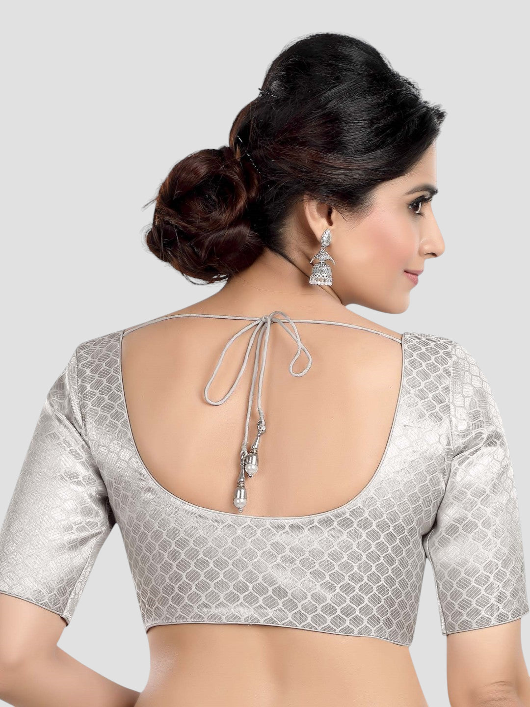 Silver Brocade Round Neck Half Sleeves Readymade Blouse