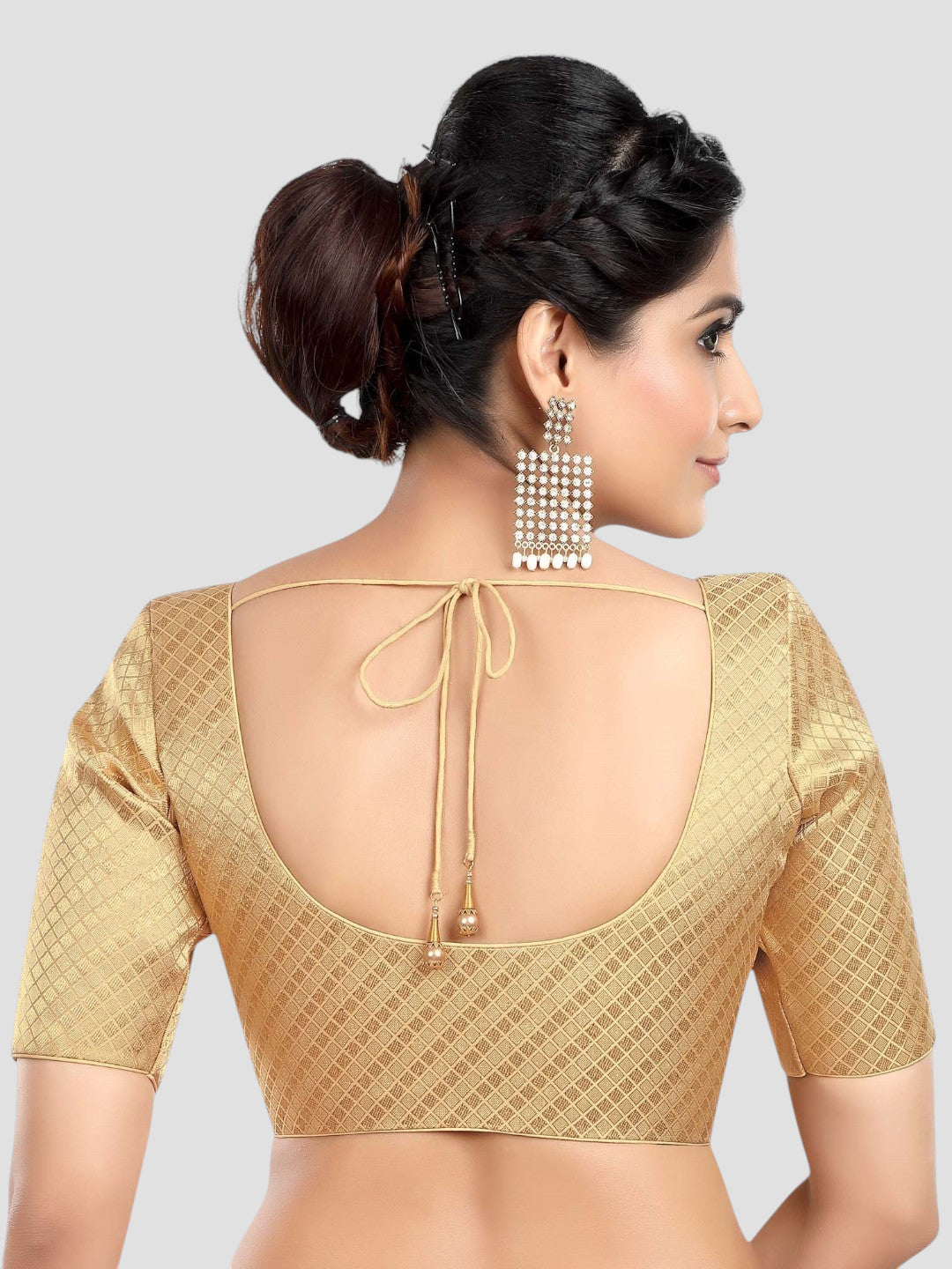 Golden Brocade Round Neck Half Sleeves Readymade Blouse