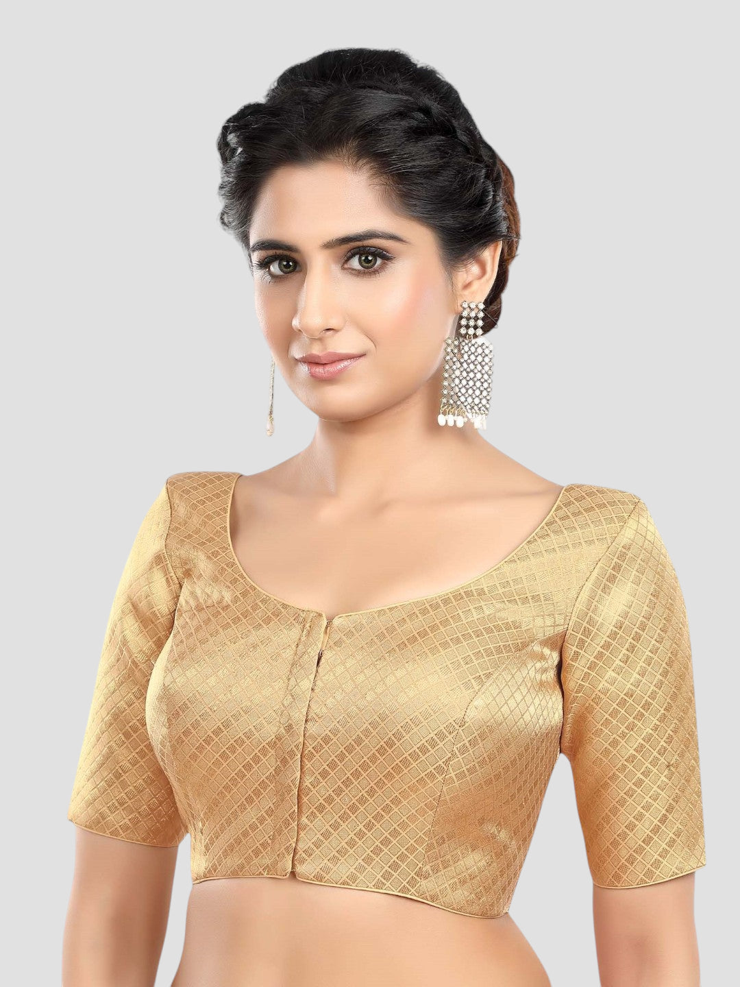 Golden Brocade Round Neck Half Sleeves Readymade Blouse